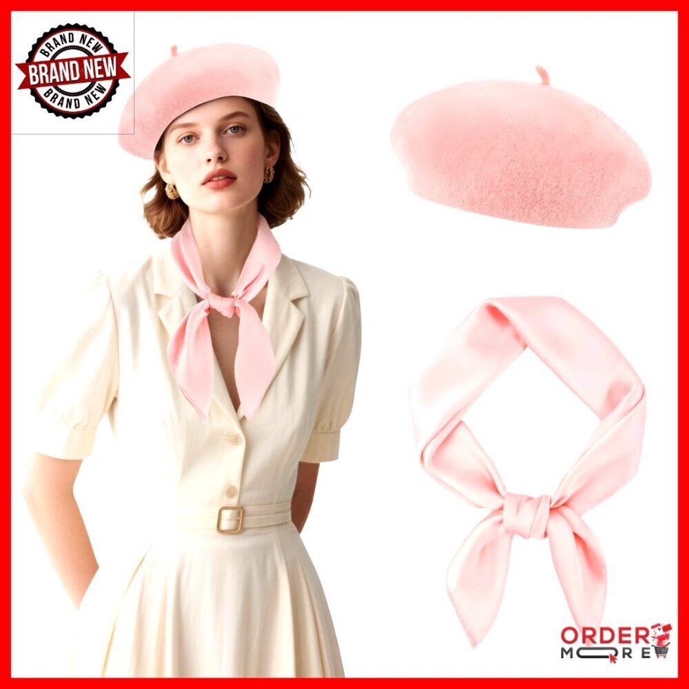 Wool Blend Beret Hat with Silk Scarf Set One Size Fits Most